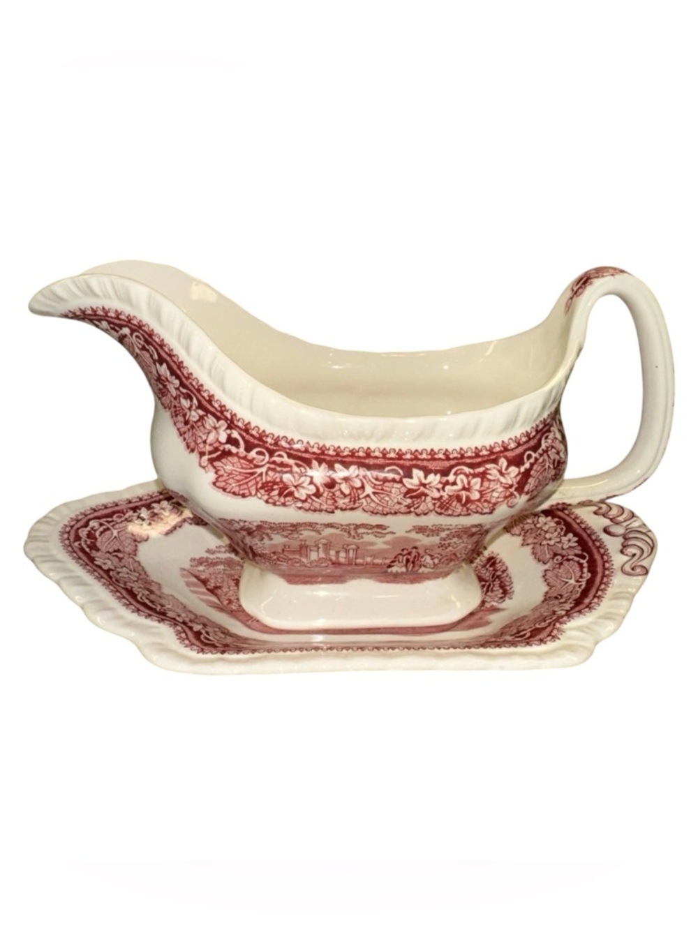 Vintage Franciscan Pink Vista Gravy Boat & Underplate England Red Transferware
